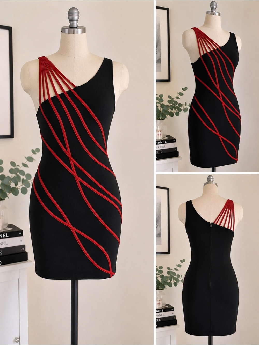 Cache One Shoulder Bodycon Dress Black Red Strappy Cocktail Mini Dress Y2K